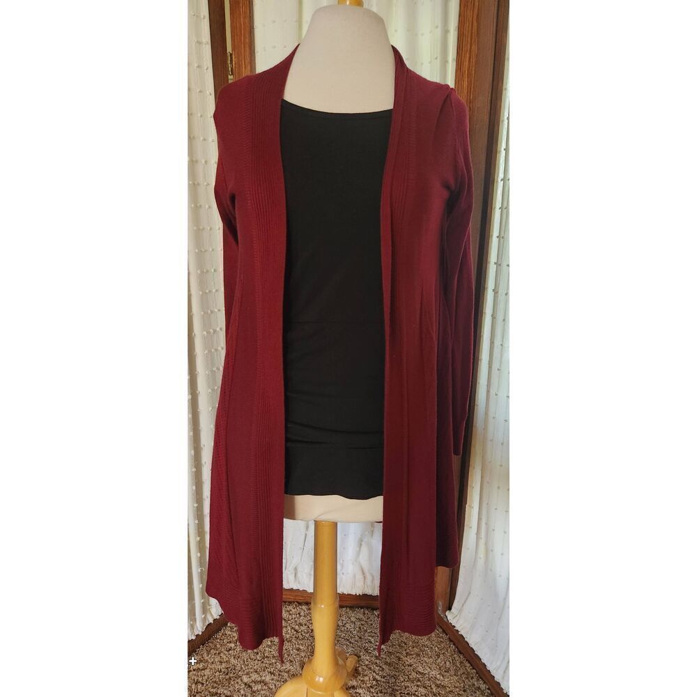 C40 Debut long burgundy open front long sleeved sweater cardigan